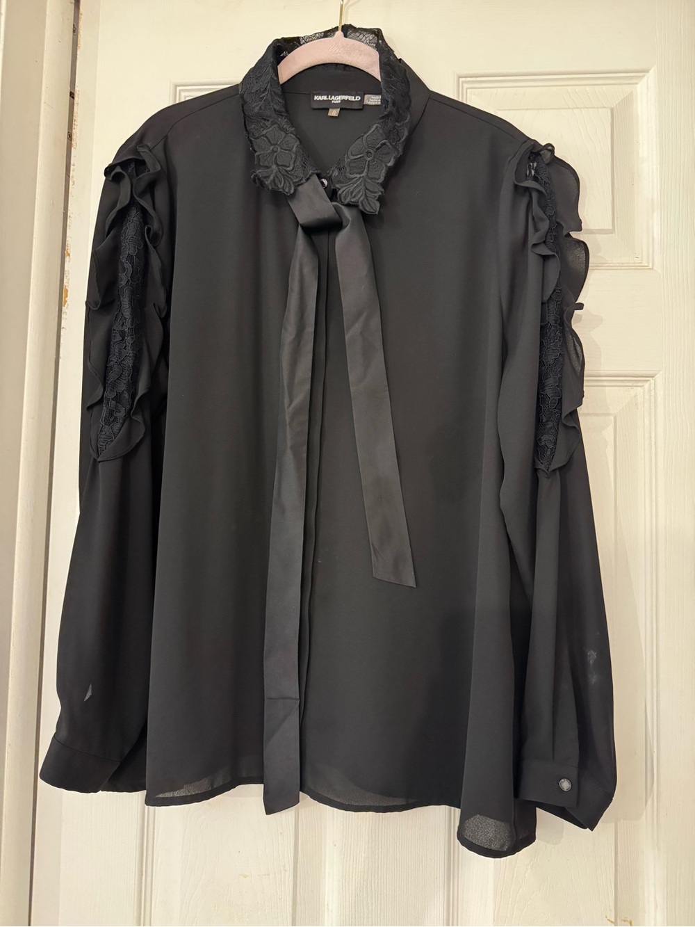 Karl Lagerfeld Black Ribbon Tie Blouse with Lace Ruffles size XL - Picture 1 of 4